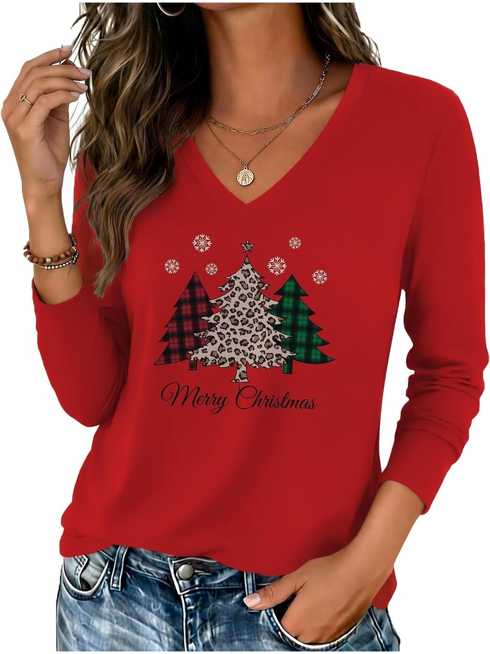 Women's Christmas Tree V Neck Long Sleeve Basic Tee Fall Outfits Printed Tops